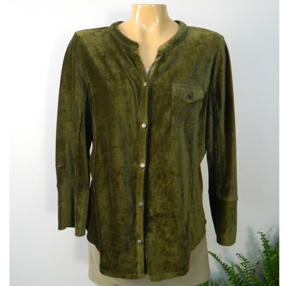 Absolutely Famous Corduroy Velvet Shirt Womens Large Olive Green Roll Tab Blouse